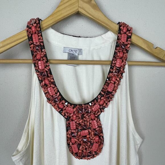 Cache Y2K Knit Beaded Tank Top Ivory Small Boho Festival Gathered Waist S - Picture 8 of 8
